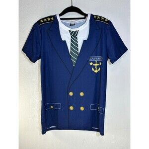 Funny World Captain Graphic T-Shirt Men’s Size M Navy Blue Uniform Print Tee NEW
